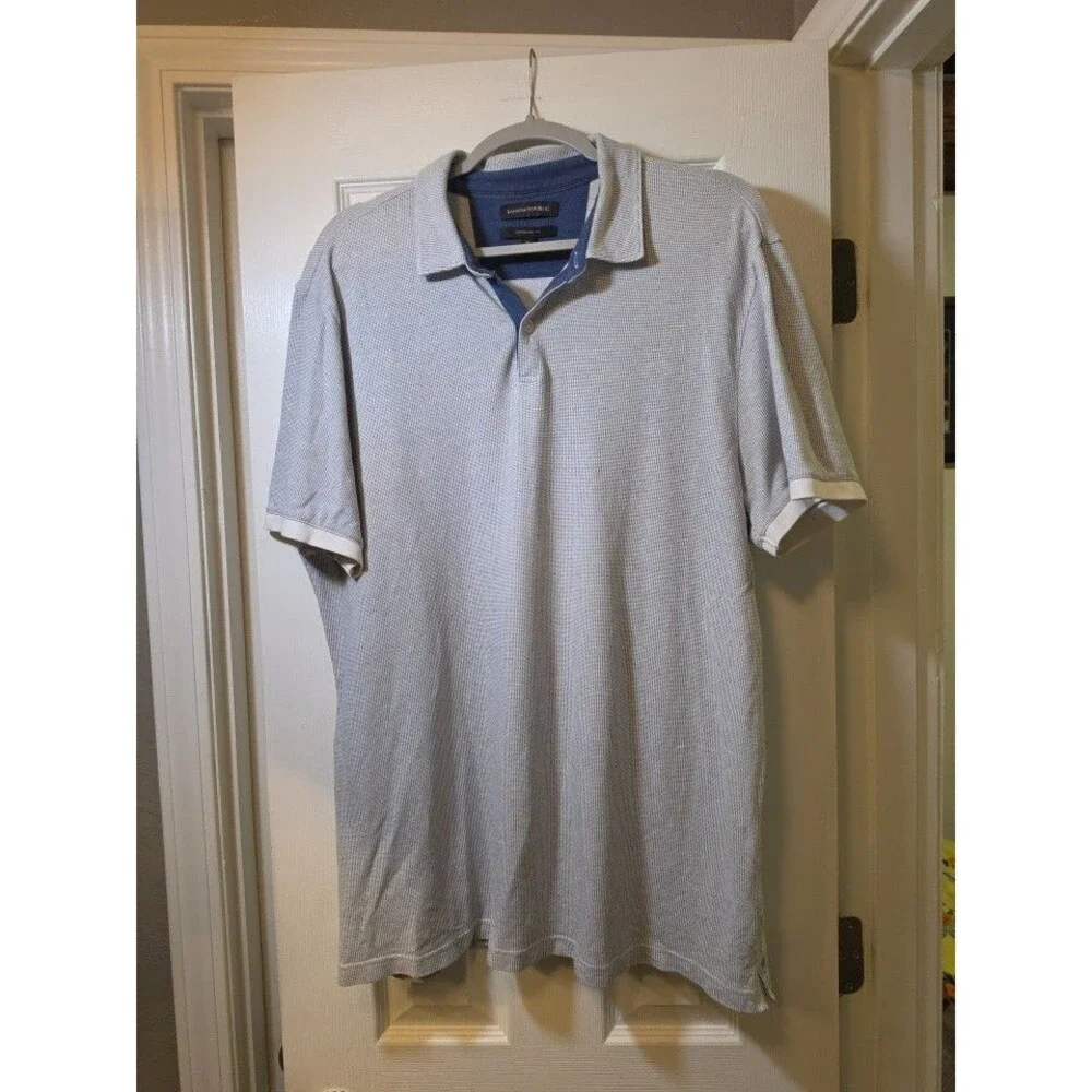 Banana Republic Polo Shirt Men XL Blue Textured Cotton Blend Trim Preppy Golf